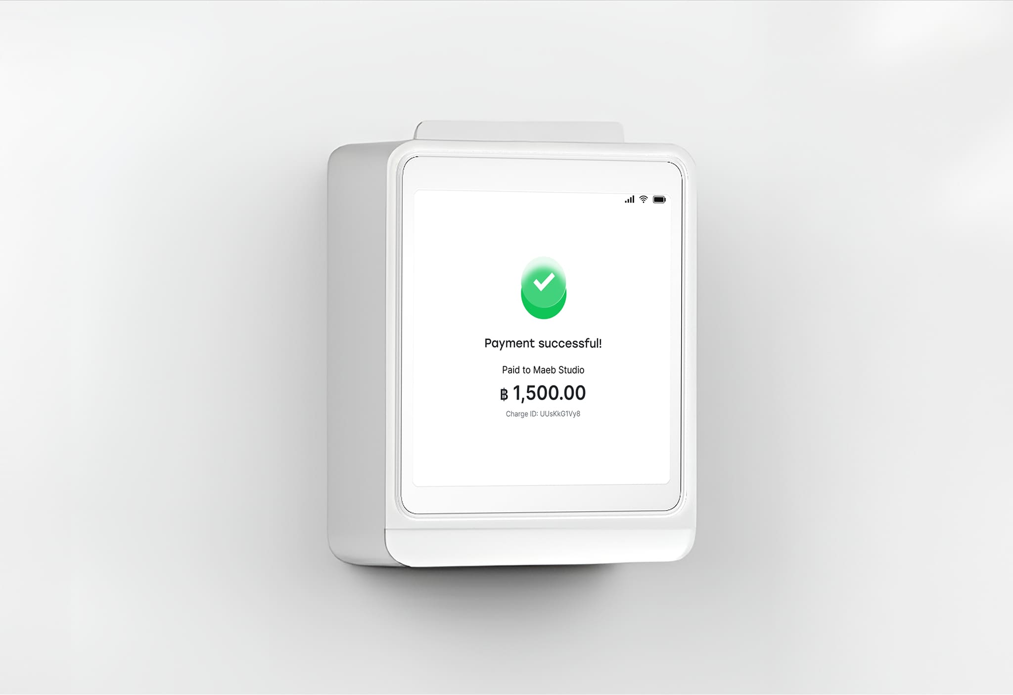 White payment terminal on a dark blue stand, on a light gray surface